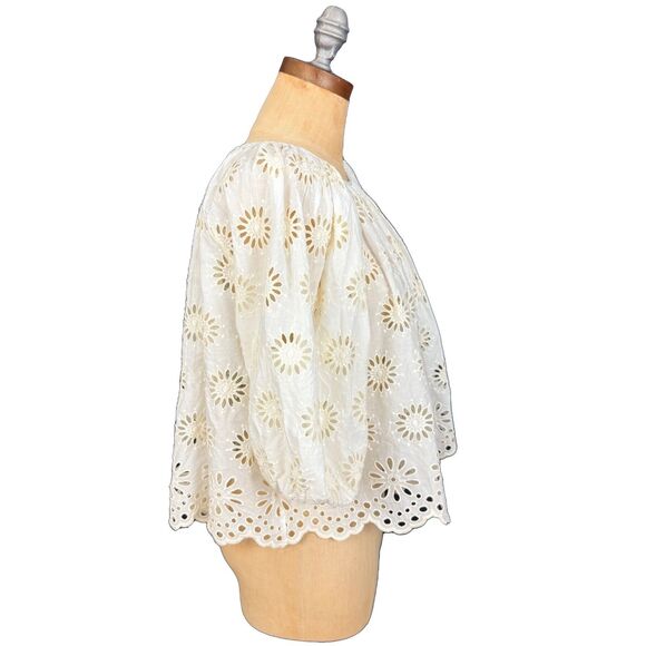 MADEWELL Embroidered Gather Puff-Sleeve Top M Floral Eyelet Ivory Relax NWT B73 - Picture 3 of 7